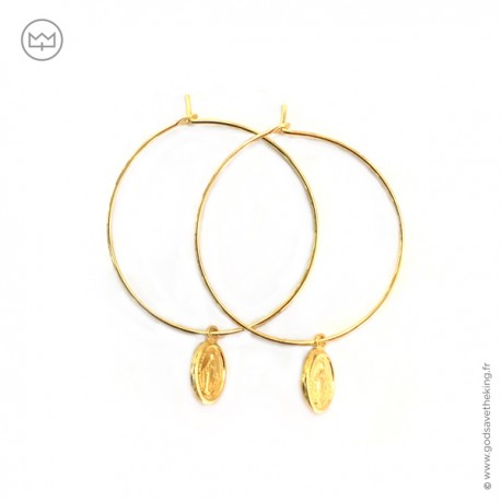 Créoles avec mini médaille miraculeuse en plaqué or - Boucles d'oreilles Godsavetheking