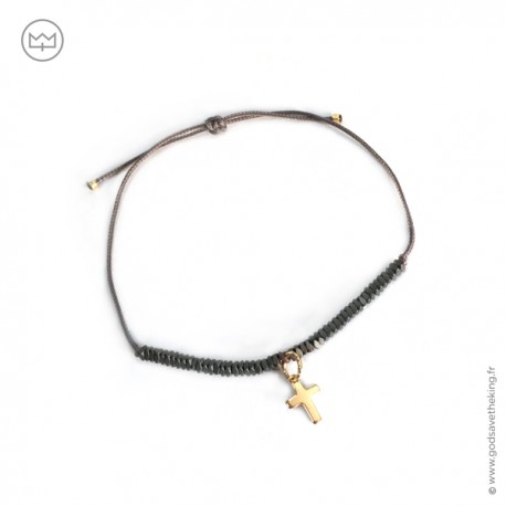 Bracelet hématites grises avec croix en plaqué or - Taille réglable - God save the king Bracelets religieux femme