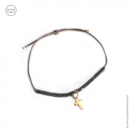 Bracelet hématites grises avec croix en plaqué or - Taille réglable - Bracelets religieux femme Godsavetheking