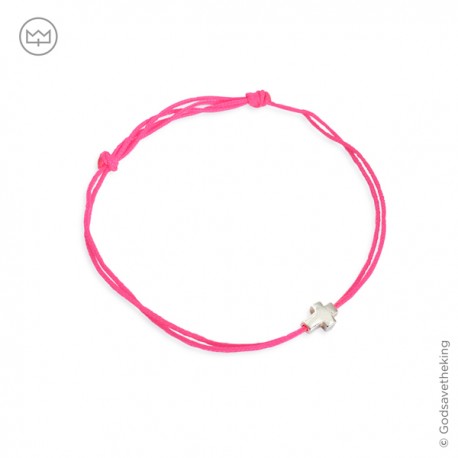 Bracelet rose fluo avec croix plaqué argent - Taille réglable - Bracelets religieux enfant Godsavetheking