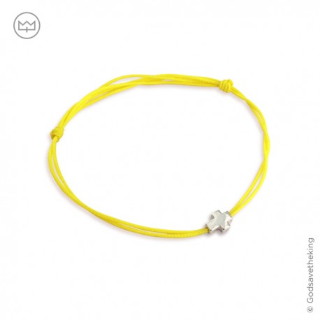 Bracelet jaune fluo citron avec croix plaqué argent - Taille réglable - Bracelets religieux enfant God save the king