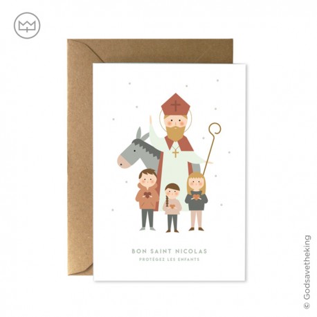 Carte double Saint Nicolas et les enfants + enveloppe kraft - 10,5 x 14,8 cm - Collection de Noël God save the king