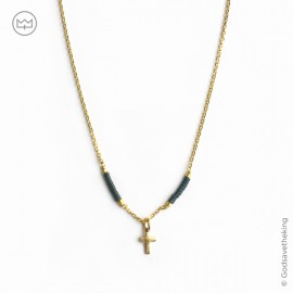 Collier ras du cou chaîne et pendentif croix plaqué or et perles hématites - Colliers et sautoirs Godsavetheking