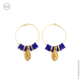 Créoles avec médailles Vierge Marie plaqué or - Perles bleues et dorées