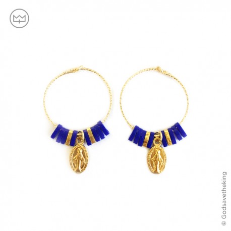 Créoles avec médailles Vierge Marie plaqué or - Perles bleues et dorées - Boucles d'oreilles God save the king