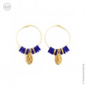Créoles avec médailles Vierge Marie plaqué or - Perles bleues et dorées
