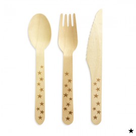 Set de 18 couverts fourchettes, couteaux et cuillères en bois avec étoiles dorées