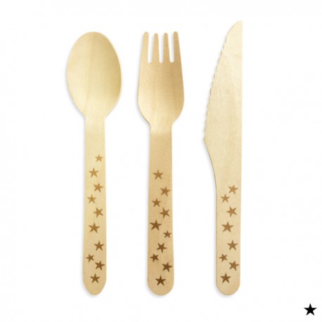 Set de 18 couverts fourchettes, couteaux et cuillères en bois avec étoiles dorées - Décoration de Communion Godsavetheking