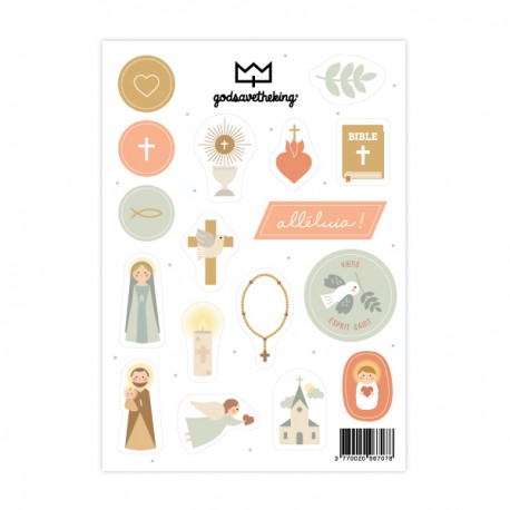 Planche 17 autocollants religieux avec ses symboles chrétiens - Livres, coloriages et Activités God save the king