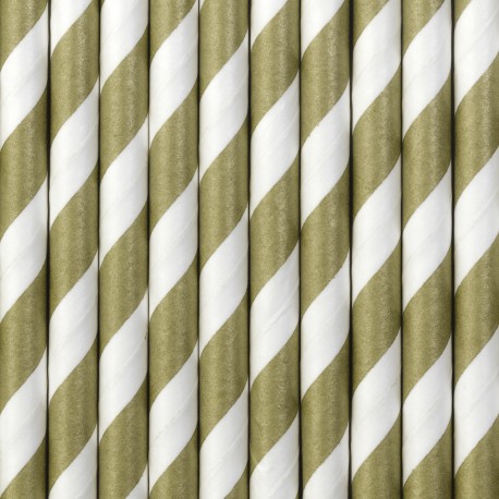Pailles blanches avec rayures dorées en papier par lot de 10 - Décoration de Fête Godsavetheking
