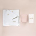 Coffret Baptême Ichthus : timbale rose et Lange en gaze de coton brodé main