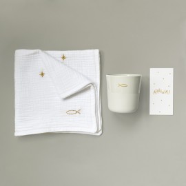 Coffret Baptême Ichthus : timbale gris perle et Lange en gaze de coton brodé main