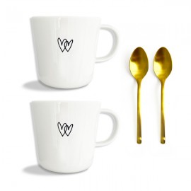 Coffret cadeau deux mugs porcelaine Cœurs et deux cuillères dorées - God save the king Mugs et timbales en porcelaine