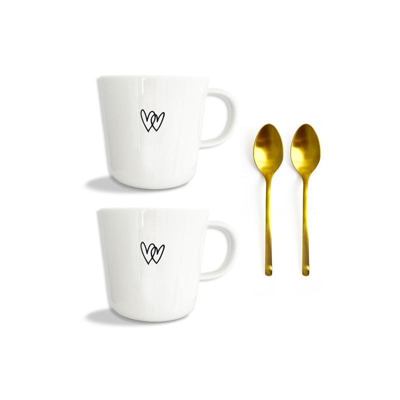 Coffret cadeau deux mug porcelaine cœurs avec deux cuillères dorées -  Porcelaine