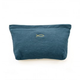 Pochette en Lin Bleu Pétrole avec Ichthus doré brodé – 27 x 19 x 4 cm