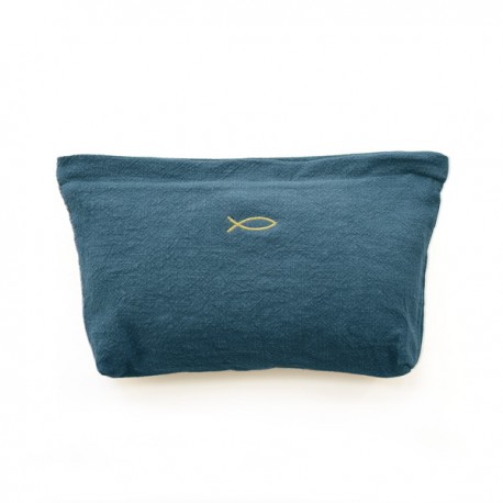Pochette en Lin Bleu Pétrole avec Ichthus doré brodé – 27 x 19 x 4 cm - Sacs et pochettes God save the king