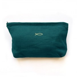 Pochette en Lin Vert Sapin avec Ichthus doré brodé – 27 x 19 x 4 cm