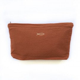 Pochette en Lin Brique avec Ichthus doré brodé – 27 x 19 x 4 cm