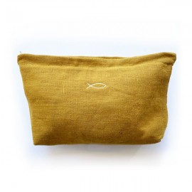 Pochette en Lin Ocre avec Ichthus doré brodé – 27 x 19 x 4 cm