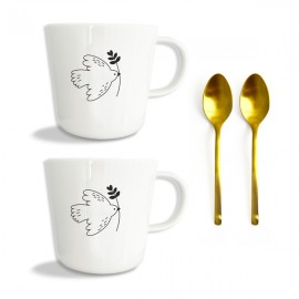 Coffret cadeau deux mugs porcelaine Esprit-Saint et deux cuillères dorées