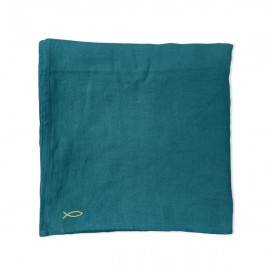 Grande Nappe en Lin Bleu Canard et son Ichthus doré brodé – 160 x 250 cm