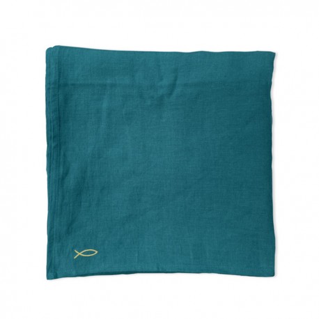 Grande Nappe en Lin Bleu Canard et son Ichthus doré brodé – 160 x 250 cm - Sacs et pochettes God save the king