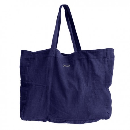 Grand Cabas en Lin Bleu Paon avec Ichthus doré brodé – 50 x 40 x 18 cm - Sacs, pochettes et miroir de poche objets religieux ...