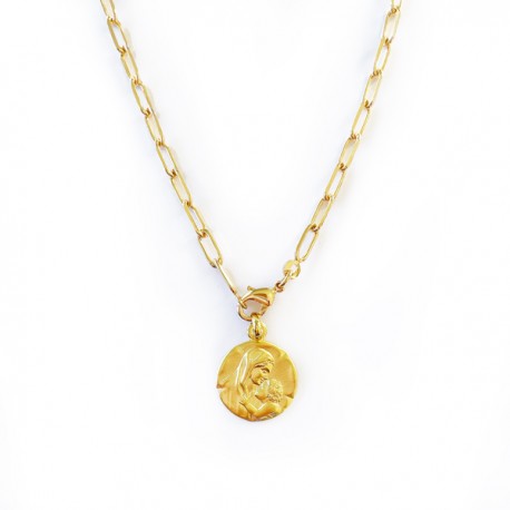 Collier médaille Vierge à l'enfant 18 mm et chaîne forçat plaqués or - Colliers et sautoirs Godsavetheking