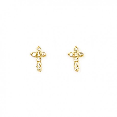 Boucles d'oreilles puces croix plaquées or et zirconium - Boucles d'oreilles God save the king