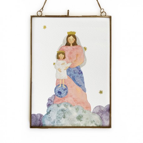 Cadre Notre-Dame des Victoires – Laiton doré & reproduction aquarelle 21 x 29 cm - Cadres religieux objets religieux God save...