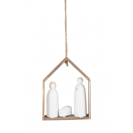 Suspension Crèche de Noël en porcelaine et bois