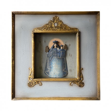 Vierge à l'enfant bleue vintage dans un cadre boîte doré - 40 cm