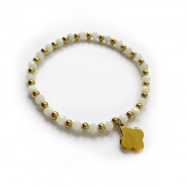 Bracelet perles jade blanches et croix arrondie