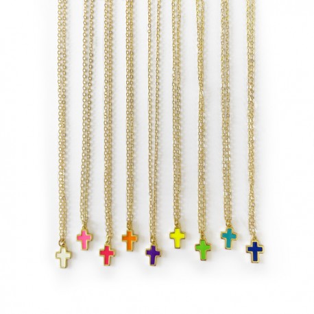 ♥ Collier médaille fluo avec croix dorée en or 14 carats