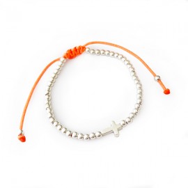 Bracelet croix et perles en argent 925 - fil orange fluo réglable