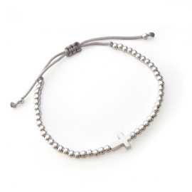 Bracelet Croix et perles en argent 925 - Fil gris réglable