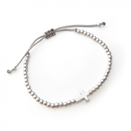 Bracelet Croix et perles en argent 925 - Fil gris réglable - Bracelets religieux femme Godsavetheking