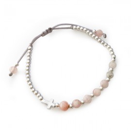 Bracelet Croix en Argent 925 & Perles naturelles de Rhodochrosite - Taille réglable
