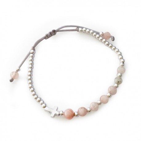 Bracelet Croix en Argent 925 & Perles naturelles de Rhodochrosite - Taille réglable - Bracelets religieux femme Godsavetheking