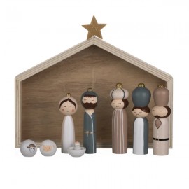 ♥ Crèche en bois naturel – Nativité avec figurines peintes à la main