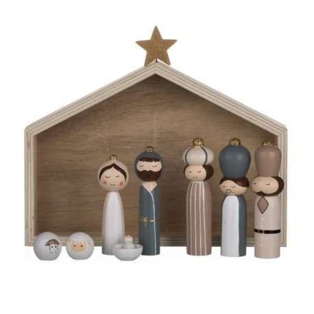 ♥ Crèche en bois naturel – Nativité avec figurines peintes à la main