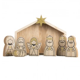 ♥ Crèche en bois et doré – 8 pièces