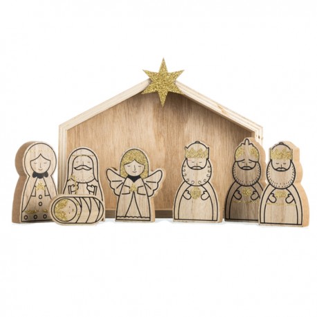 ♥ Crèche en bois et doré – 8 pièces