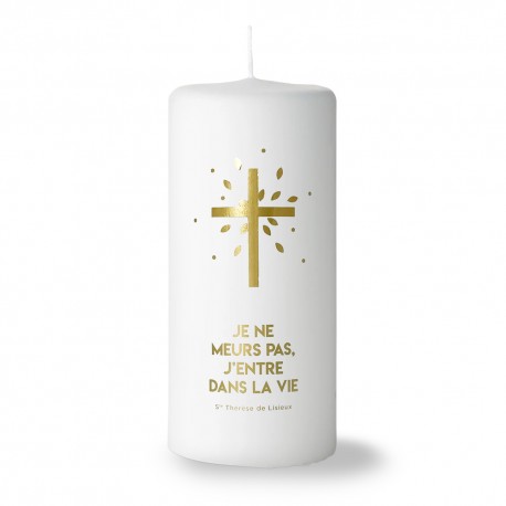Bougie blanche marquage doré croix et citation "je ne meurs pas j'entre dans la vie" - Bougies neuvaine ou veilleuse objets r...