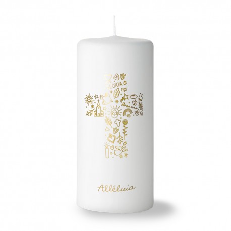 Bougie blanche marquage doré Alléluia avec sa croix - Bougies neuvaine ou veilleuse objets religieux God save the king