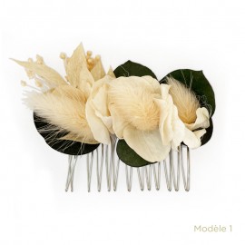 Peigne cheveux JOSÉPHINE 4 cm - Fleurs séchées crème et eucalyptus - Couronne de tête et peigne à cheveux objets religieux Go...