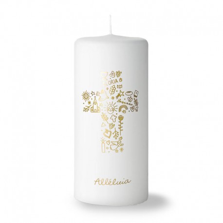 Bougie blanche et Or Croix Alléluia - Bougies objets religieux God save the king