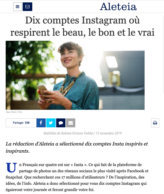 Aleteia article sur les comptes instagram inspirants - Godsavetheking